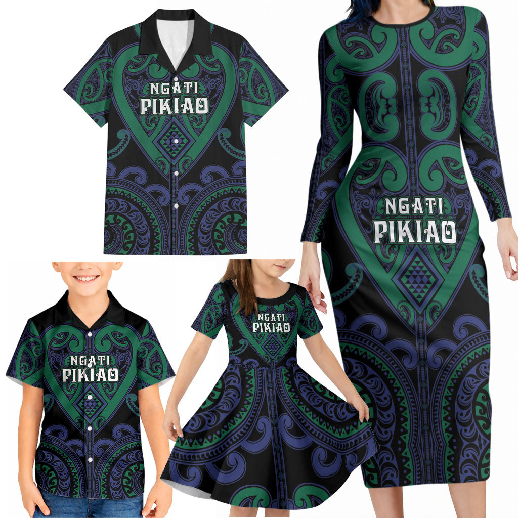 Custom Aotearoa Ngati Pikiao Family Matching Long Sleeve Bodycon Dress and Hawaiian Shirt Maori Tribal Pattern