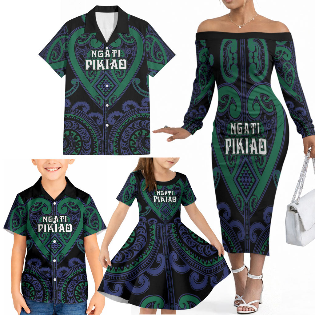 Custom Aotearoa Ngati Pikiao Family Matching Off The Shoulder Long Sleeve Dress and Hawaiian Shirt Maori Tribal Pattern