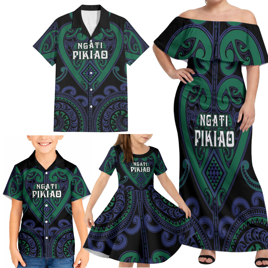 Custom Aotearoa Ngati Pikiao Family Matching Off Shoulder Maxi Dress and Hawaiian Shirt Maori Tribal Pattern