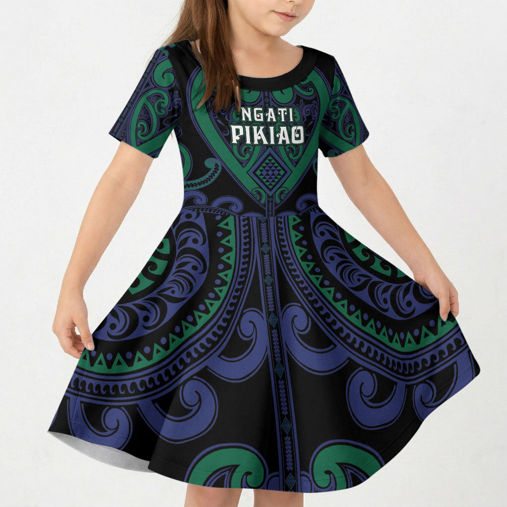Custom Aotearoa Ngati Pikiao Kid Short Sleeve Dress Maori Tribal Pattern