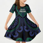 Custom Aotearoa Ngati Pikiao Kid Short Sleeve Dress Maori Tribal Pattern