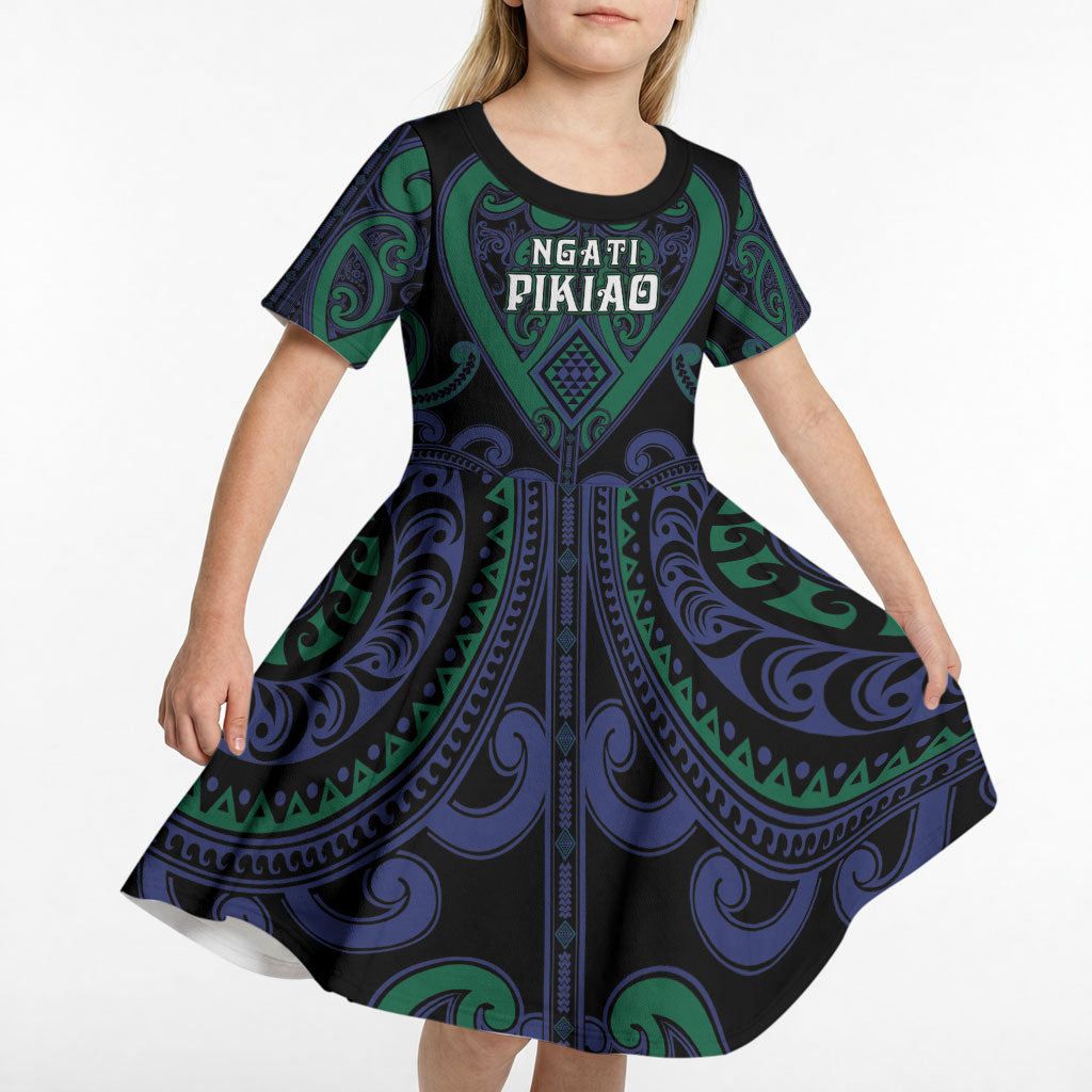 Custom Aotearoa Ngati Pikiao Kid Short Sleeve Dress Maori Tribal Pattern