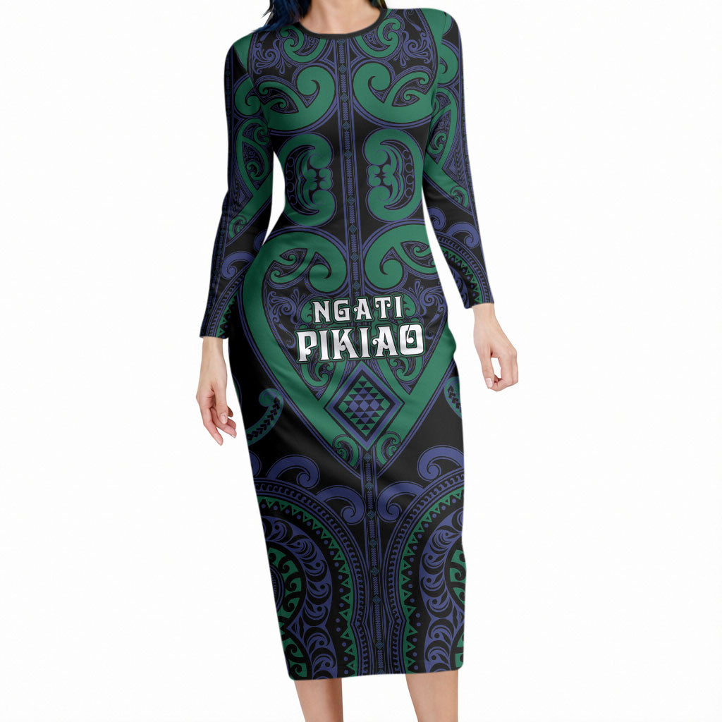 Custom Aotearoa Ngati Pikiao Long Sleeve Bodycon Dress Maori Tribal Pattern