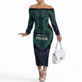 Custom Aotearoa Ngati Pikiao Off The Shoulder Long Sleeve Dress Maori Tribal Pattern