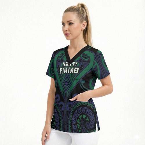 Custom Aotearoa Ngati Pikiao Scrub Top Maori Tribal Pattern