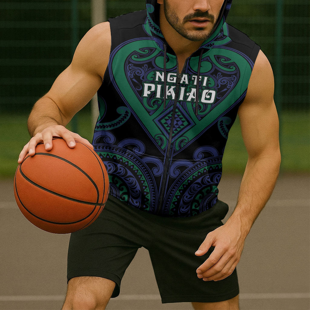 Custom Aotearoa Ngati Pikiao Sleeveless Zip Hoodie Maori Tribal Pattern