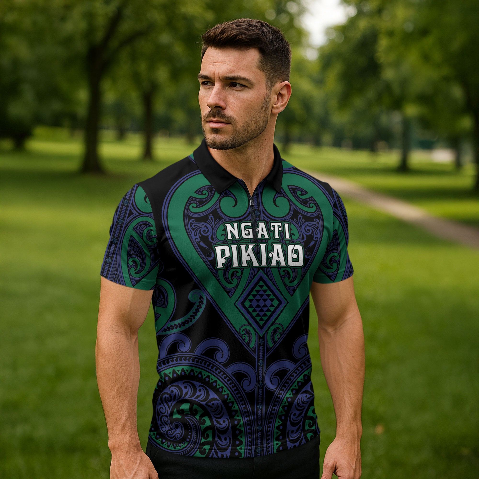 Custom Aotearoa Ngati Pikiao Zipper Polo Shirt Maori Tribal Pattern