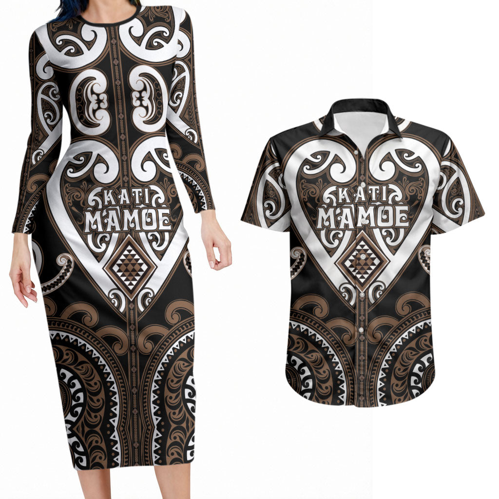 Custom Aotearoa Kati Mamoe Couples Matching Long Sleeve Bodycon Dress and Hawaiian Shirt Maori Tribal Pattern