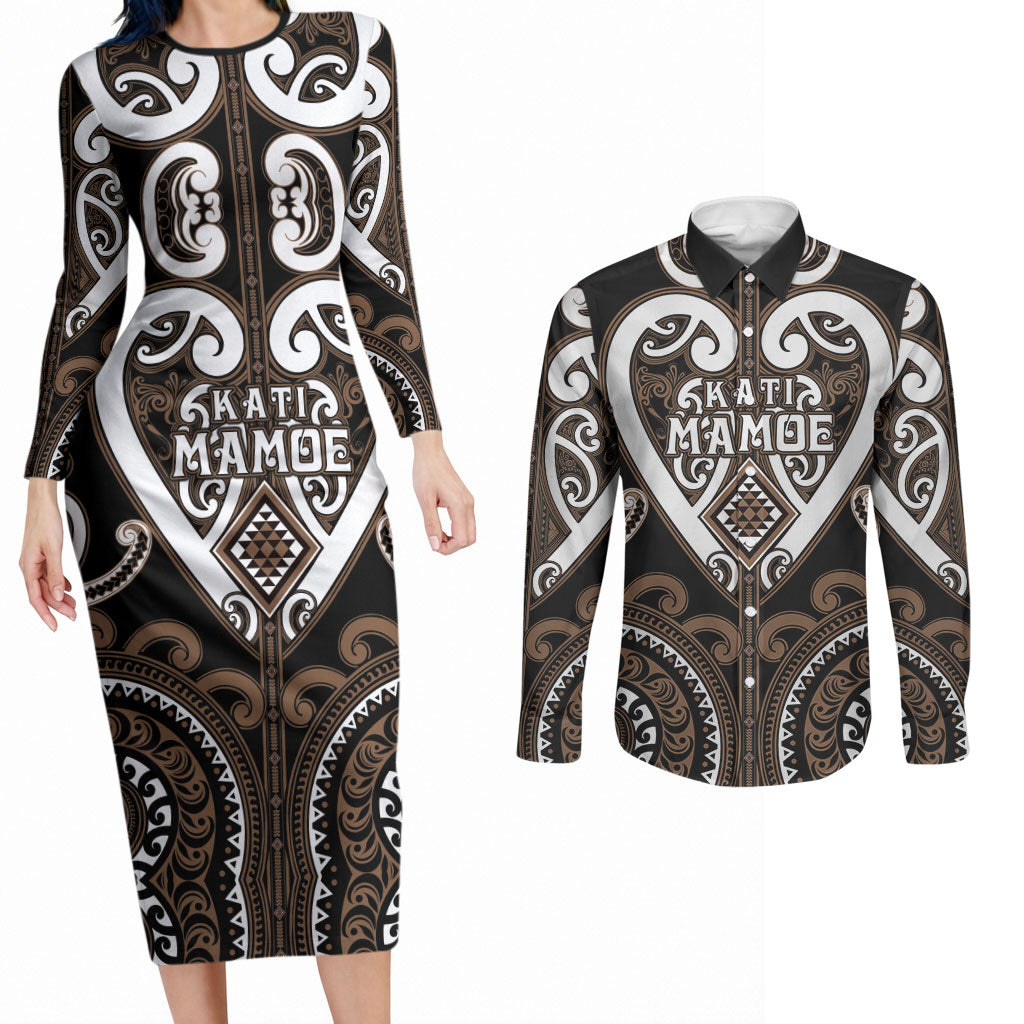 Custom Aotearoa Kati Mamoe Couples Matching Long Sleeve Bodycon Dress and Long Sleeve Button Shirt Maori Tribal Pattern