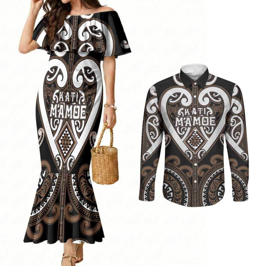 Custom Aotearoa Kati Mamoe Couples Matching Mermaid Dress and Long Sleeve Button Shirt Maori Tribal Pattern