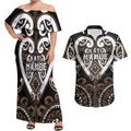 Custom Aotearoa Kati Mamoe Couples Matching Off Shoulder Maxi Dress and Hawaiian Shirt Maori Tribal Pattern