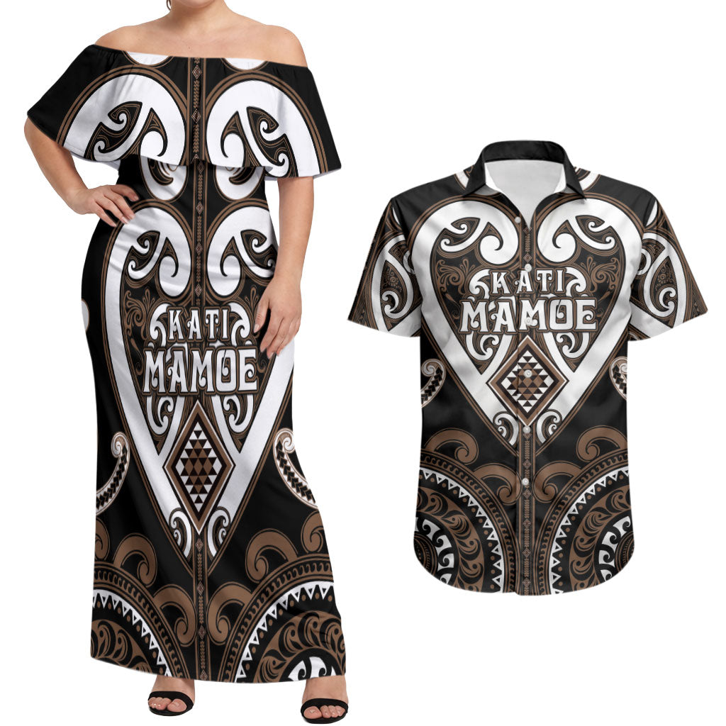 Custom Aotearoa Kati Mamoe Couples Matching Off Shoulder Maxi Dress and Hawaiian Shirt Maori Tribal Pattern