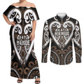 Custom Aotearoa Kati Mamoe Couples Matching Off Shoulder Maxi Dress and Long Sleeve Button Shirt Maori Tribal Pattern