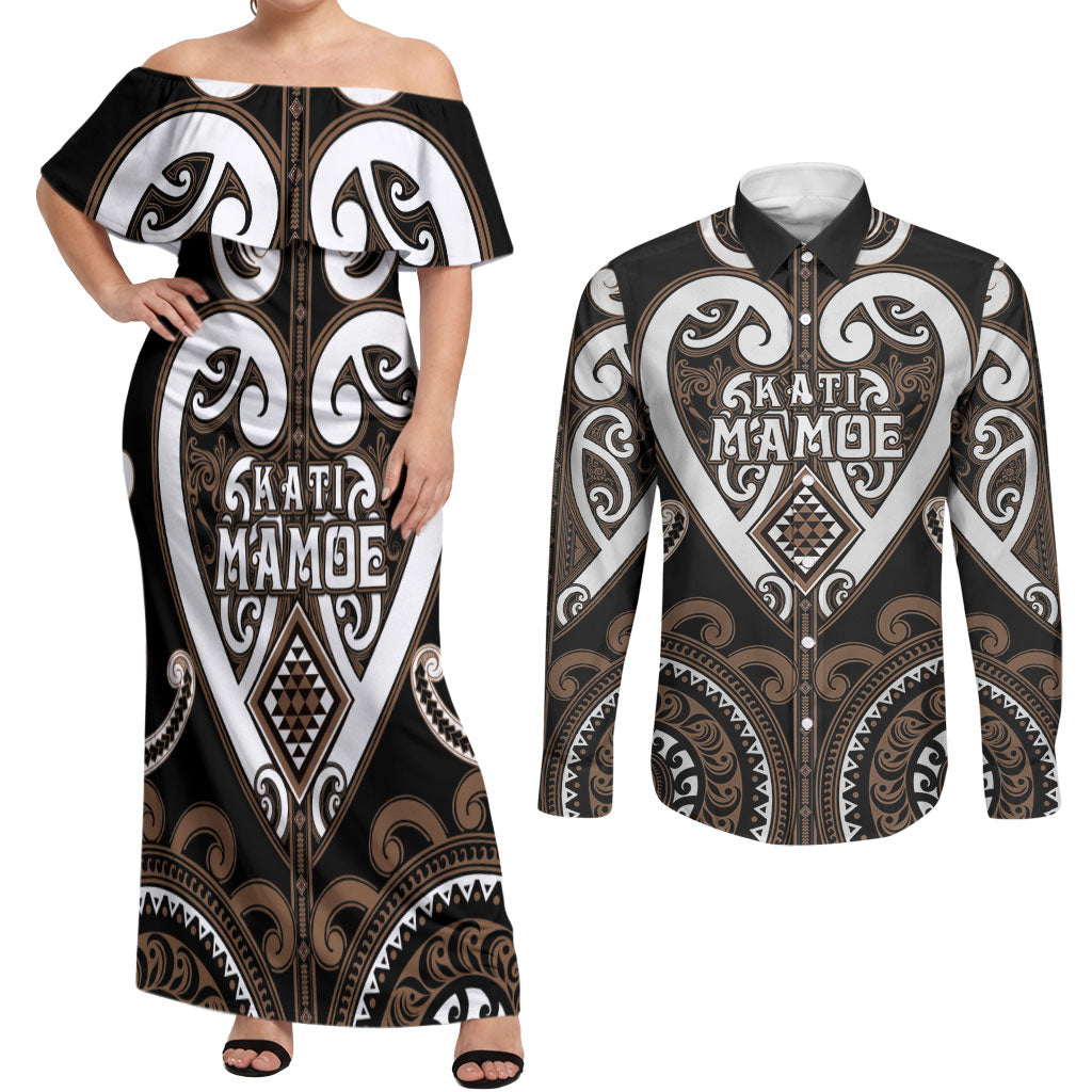 Custom Aotearoa Kati Mamoe Couples Matching Off Shoulder Maxi Dress and Long Sleeve Button Shirt Maori Tribal Pattern