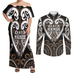 Custom Aotearoa Kati Mamoe Couples Matching Off Shoulder Maxi Dress and Long Sleeve Button Shirt Maori Tribal Pattern