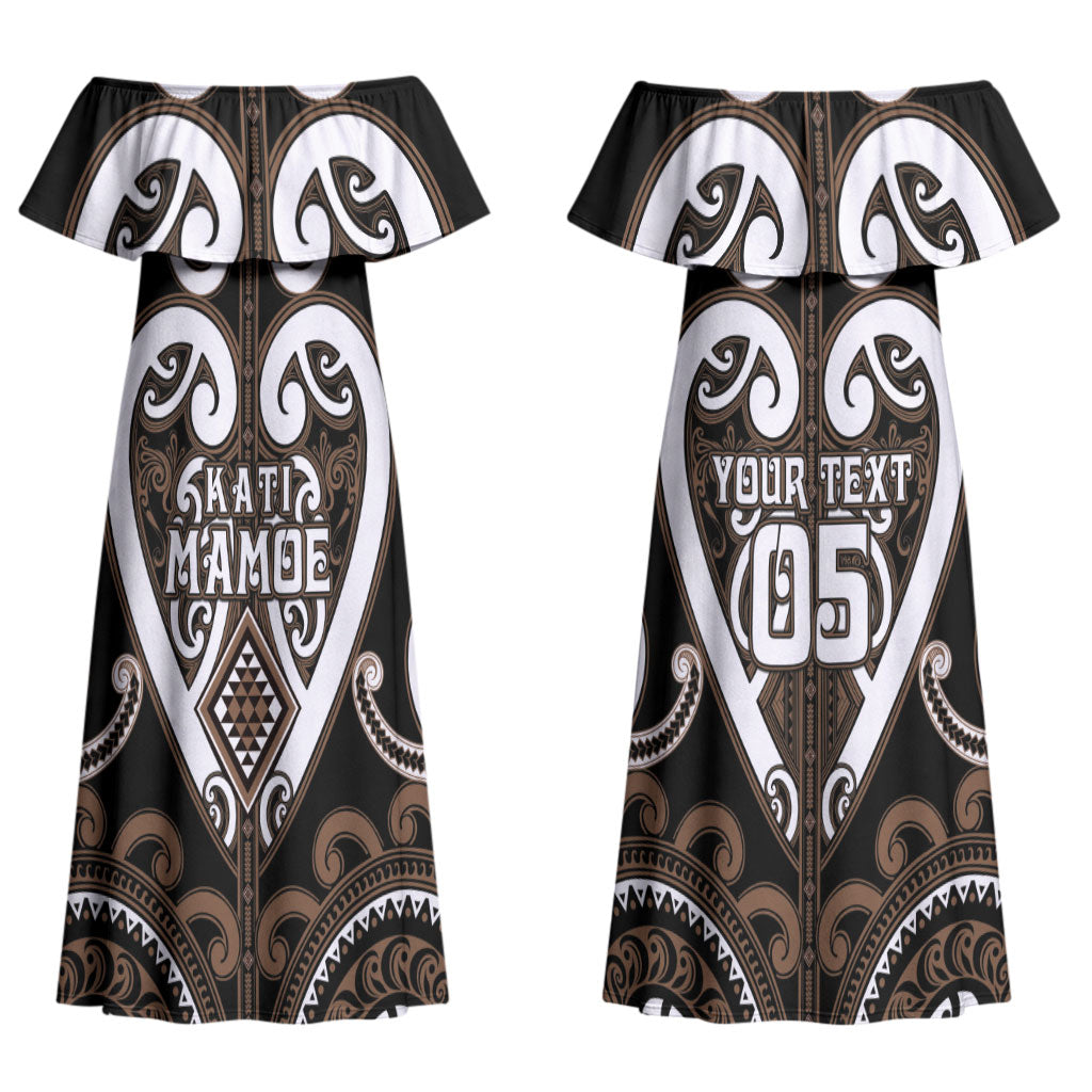 Custom Aotearoa Kati Mamoe Couples Matching Off Shoulder Maxi Dress and Long Sleeve Button Shirt Maori Tribal Pattern