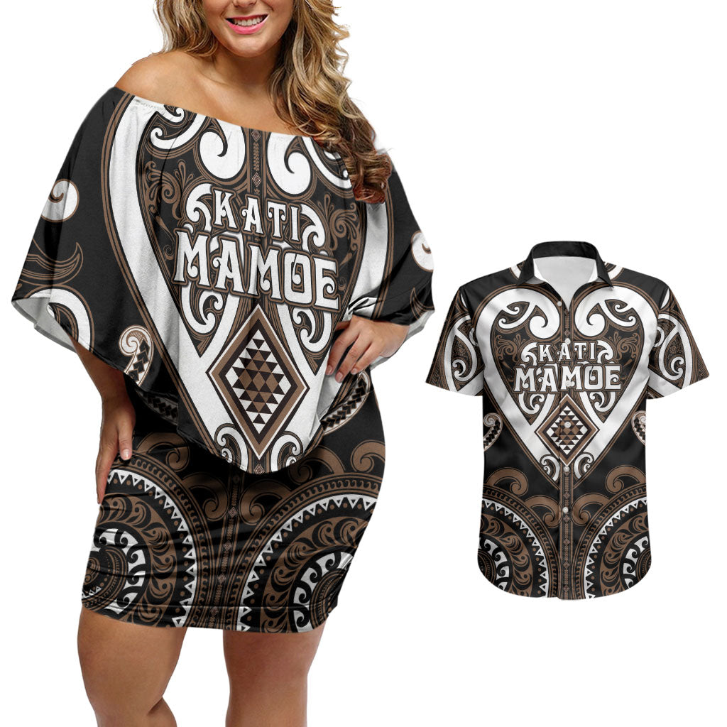 Custom Aotearoa Kati Mamoe Couples Matching Off Shoulder Short Dress and Hawaiian Shirt Maori Tribal Pattern