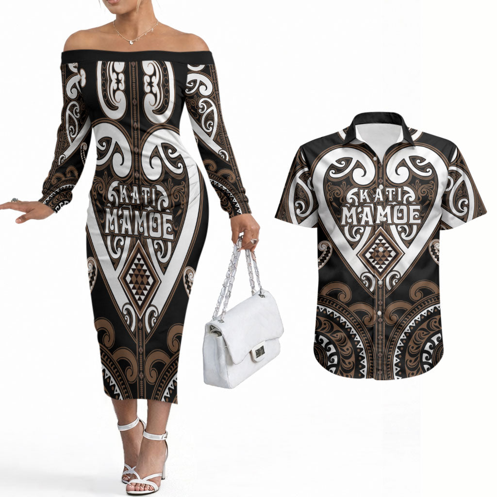 Custom Aotearoa Kati Mamoe Couples Matching Off The Shoulder Long Sleeve Dress and Hawaiian Shirt Maori Tribal Pattern