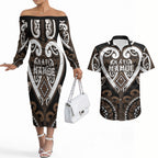 Custom Aotearoa Kati Mamoe Couples Matching Off The Shoulder Long Sleeve Dress and Hawaiian Shirt Maori Tribal Pattern