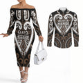 Custom Aotearoa Kati Mamoe Couples Matching Off The Shoulder Long Sleeve Dress and Long Sleeve Button Shirt Maori Tribal Pattern