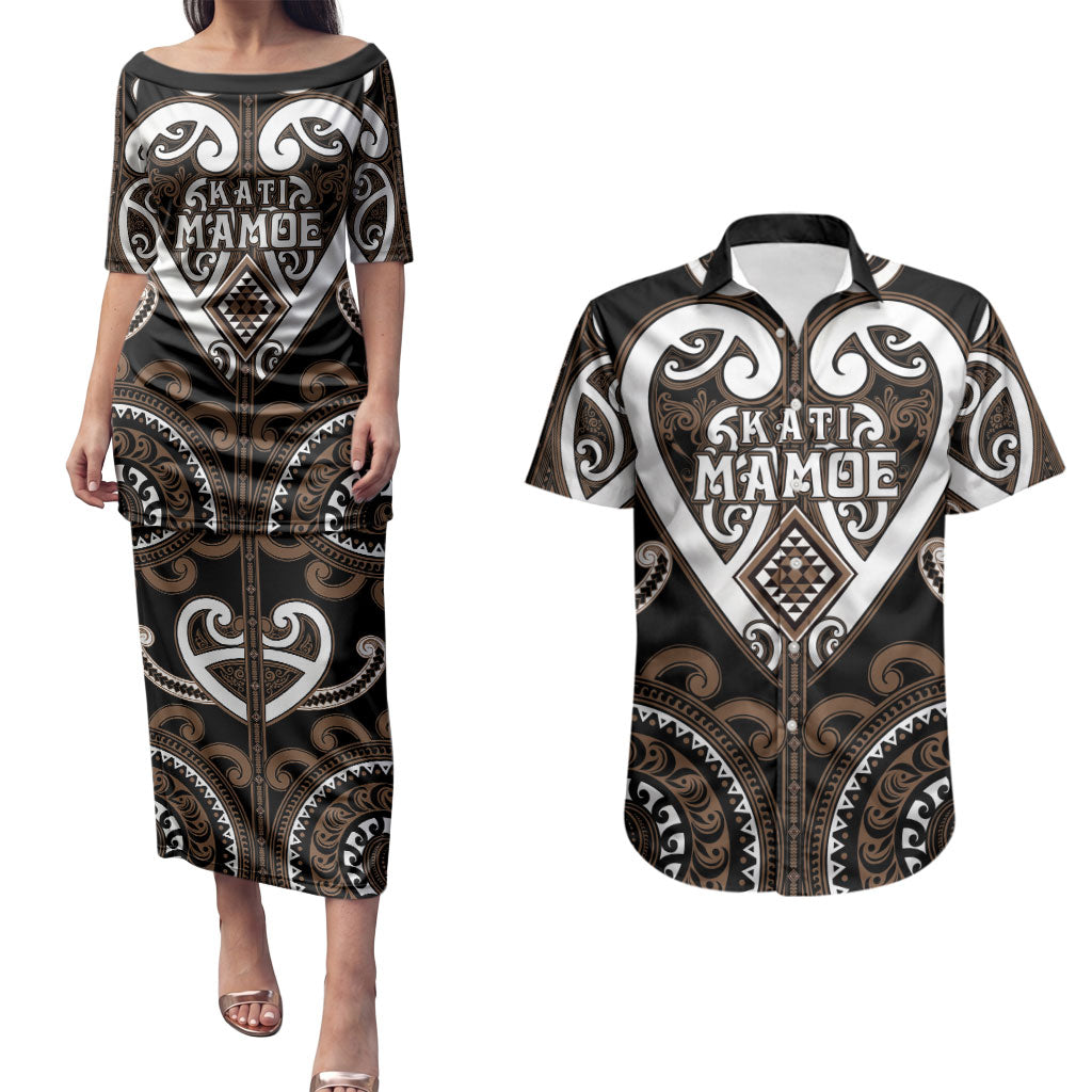 Custom Aotearoa Kati Mamoe Couples Matching Puletasi and Hawaiian Shirt Maori Tribal Pattern