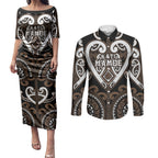 Custom Aotearoa Kati Mamoe Couples Matching Puletasi and Long Sleeve Button Shirt Maori Tribal Pattern