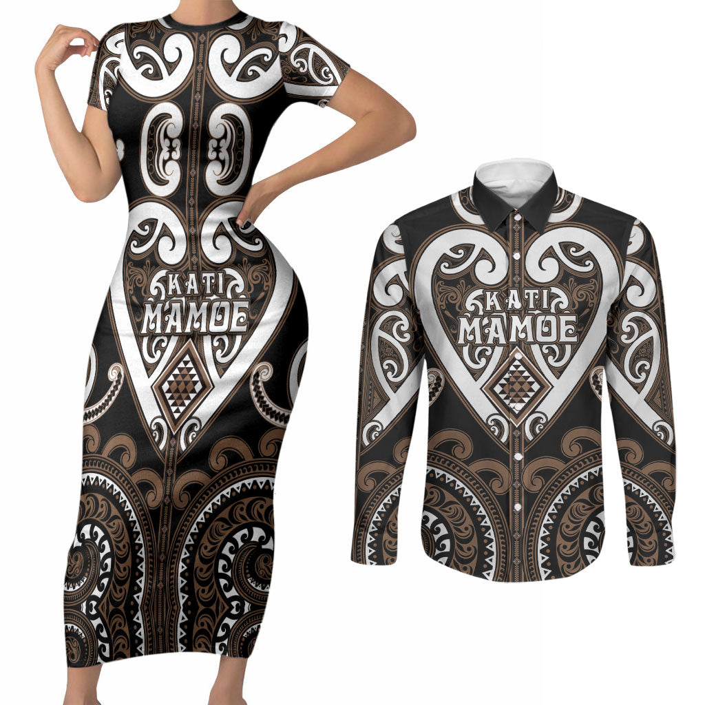 Custom Aotearoa Kati Mamoe Couples Matching Short Sleeve Bodycon Dress and Long Sleeve Button Shirt Maori Tribal Pattern