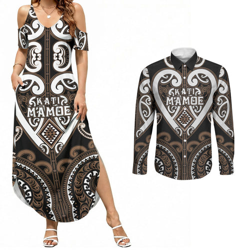 Custom Aotearoa Kati Mamoe Couples Matching Summer Maxi Dress and Long Sleeve Button Shirt Maori Tribal Pattern