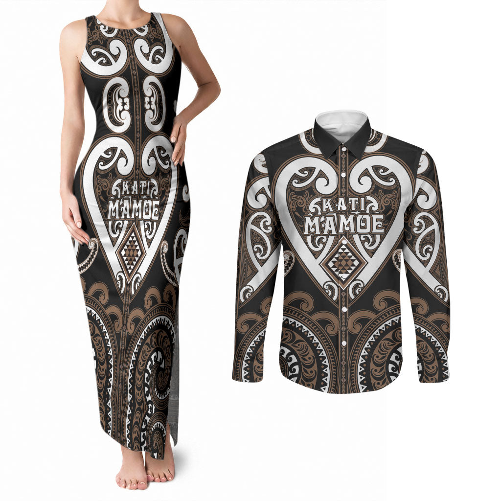 Custom Aotearoa Kati Mamoe Couples Matching Tank Maxi Dress and Long Sleeve Button Shirt Maori Tribal Pattern