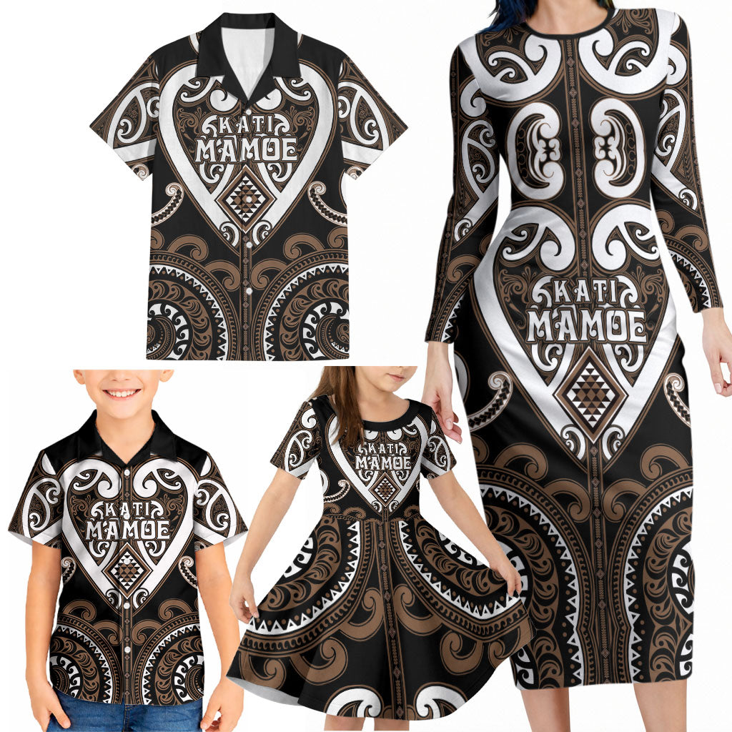 Custom Aotearoa Kati Mamoe Family Matching Long Sleeve Bodycon Dress and Hawaiian Shirt Maori Tribal Pattern