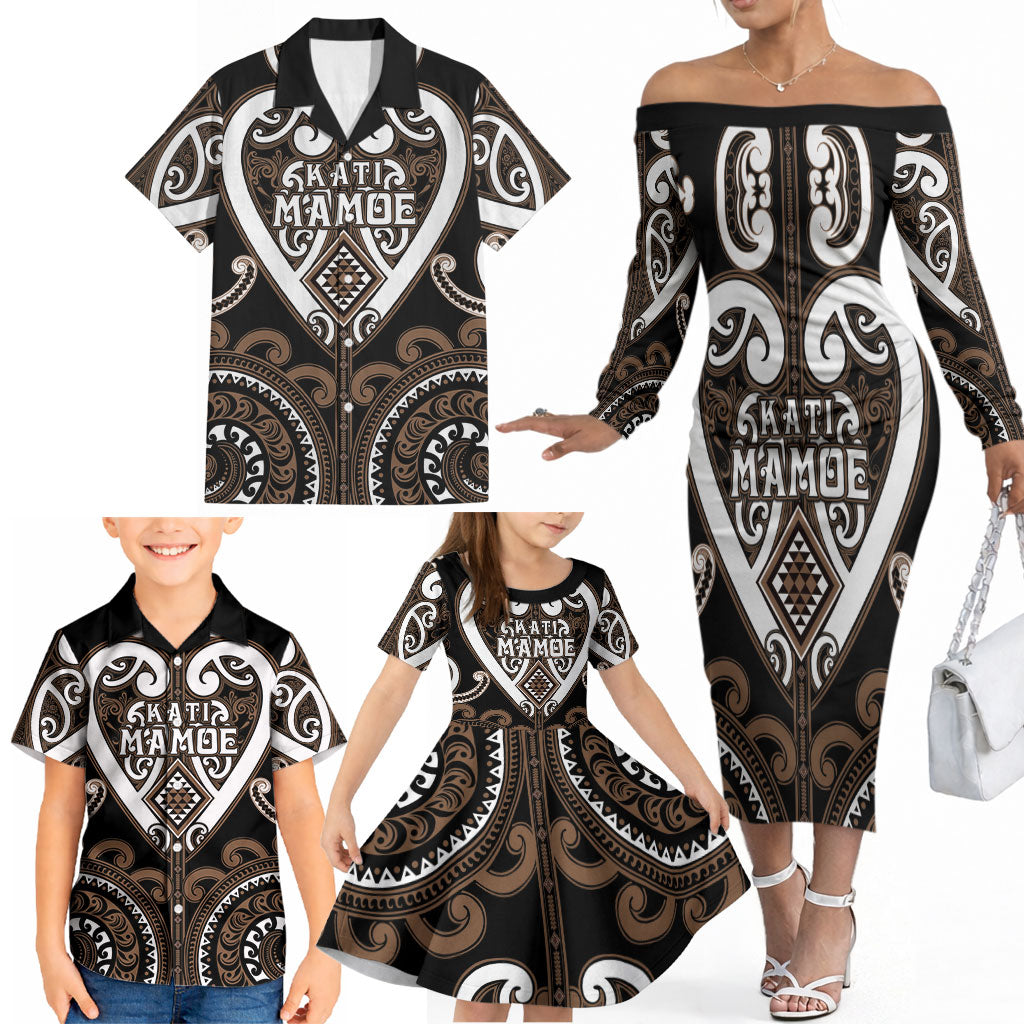 Custom Aotearoa Kati Mamoe Family Matching Off The Shoulder Long Sleeve Dress and Hawaiian Shirt Maori Tribal Pattern