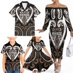 Custom Aotearoa Kati Mamoe Family Matching Off The Shoulder Long Sleeve Dress and Hawaiian Shirt Maori Tribal Pattern