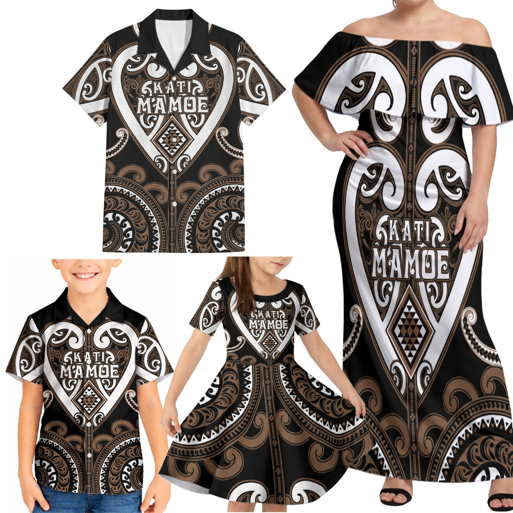 Custom Aotearoa Kati Mamoe Family Matching Off Shoulder Maxi Dress and Hawaiian Shirt Maori Tribal Pattern