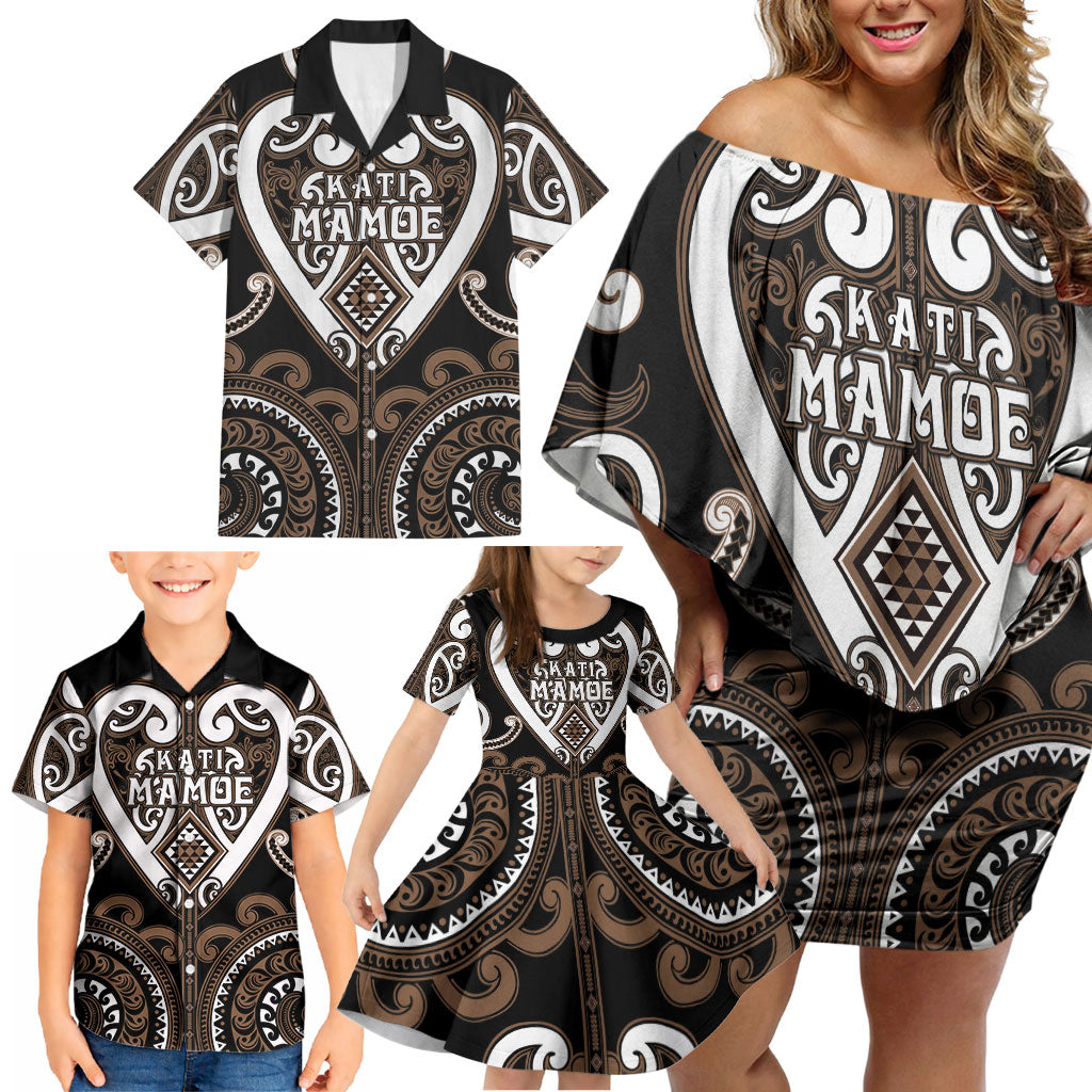 Custom Aotearoa Kati Mamoe Family Matching Off Shoulder Short Dress and Hawaiian Shirt Maori Tribal Pattern