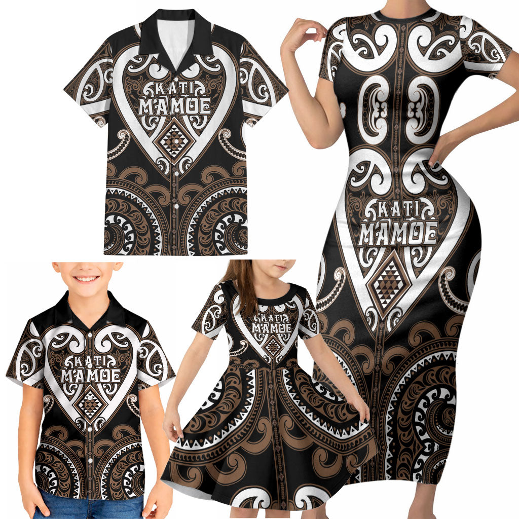 Custom Aotearoa Kati Mamoe Family Matching Short Sleeve Bodycon Dress and Hawaiian Shirt Maori Tribal Pattern