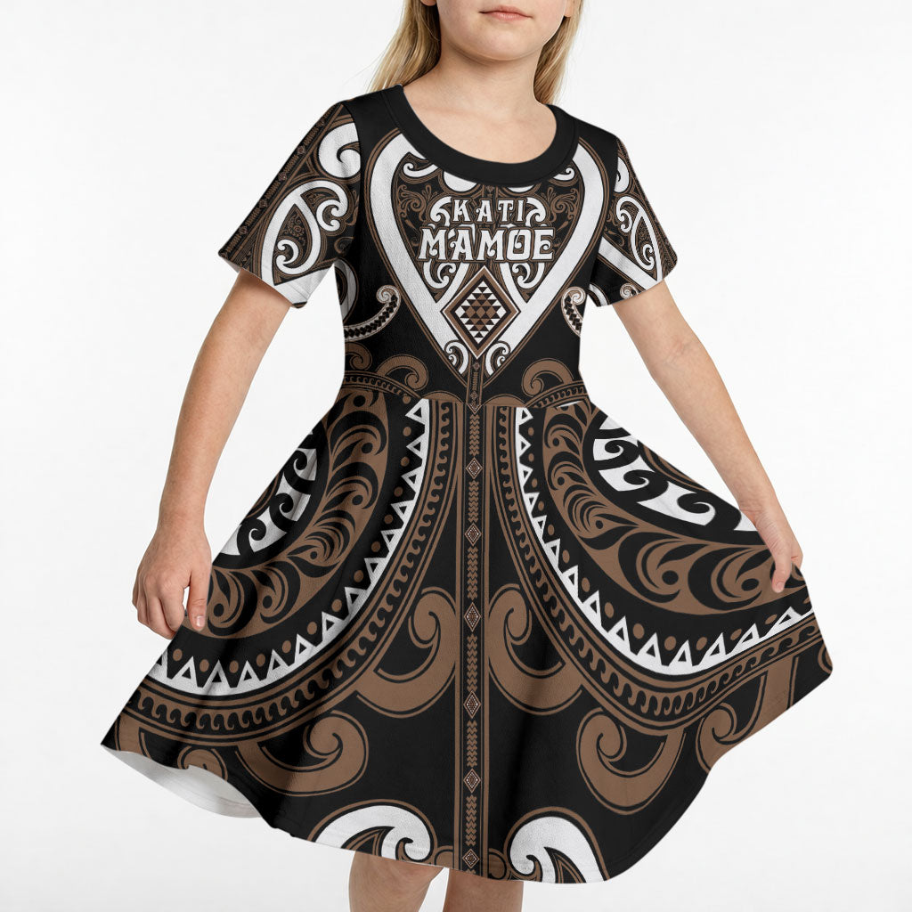 Custom Aotearoa Kati Mamoe Kid Short Sleeve Dress Maori Tribal Pattern