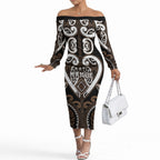Custom Aotearoa Kati Mamoe Off The Shoulder Long Sleeve Dress Maori Tribal Pattern