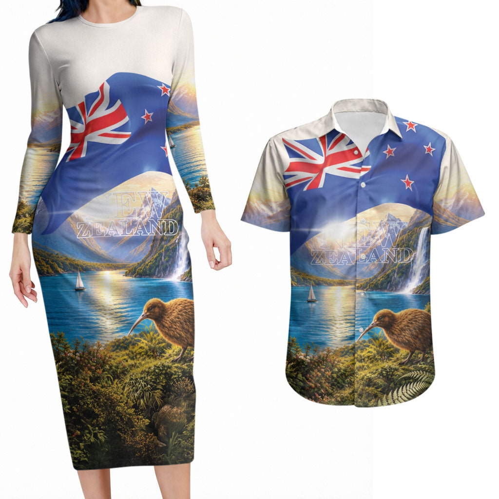 New Zealand Flag Couples Matching Long Sleeve Bodycon Dress and Hawaiian Shirt Scenic Nature