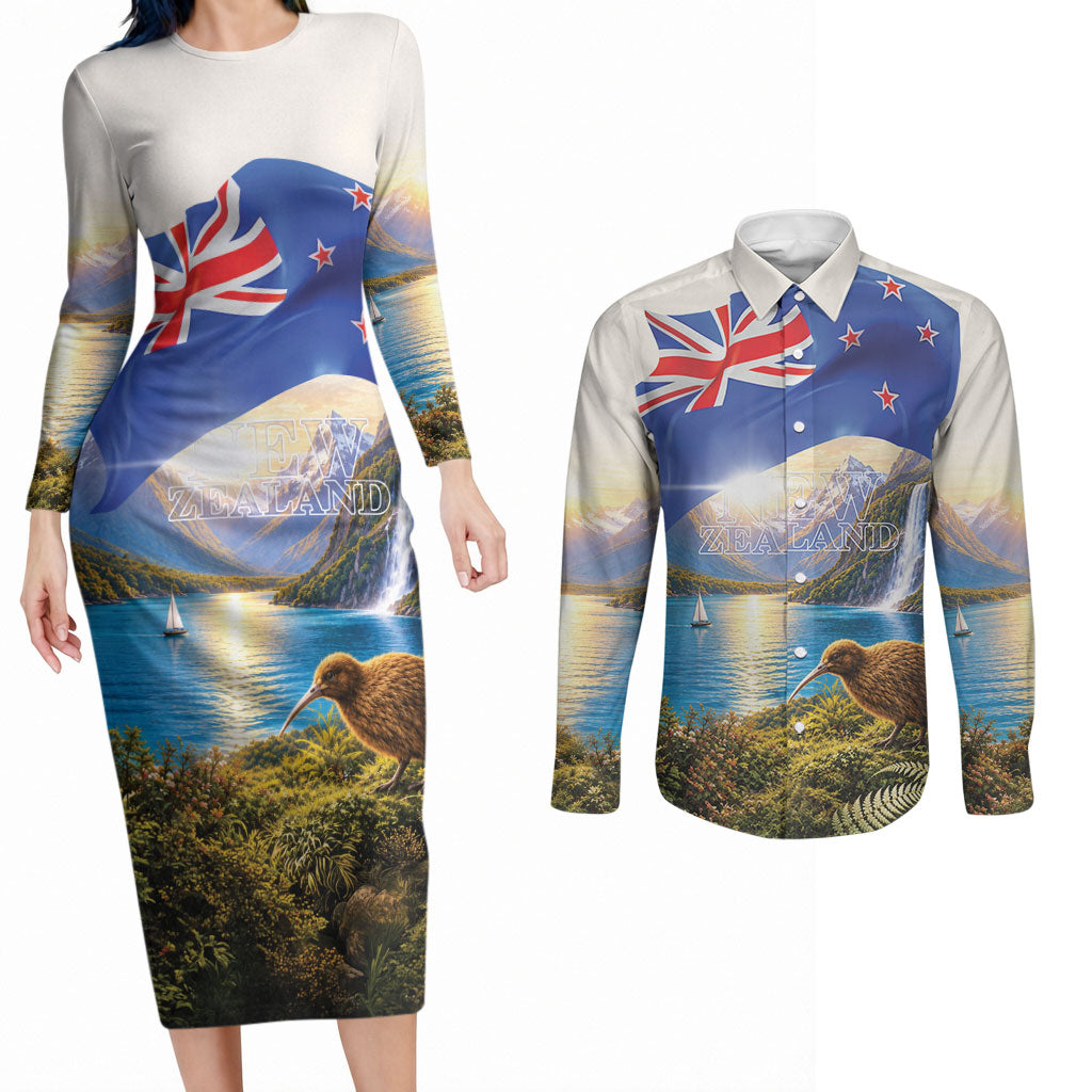 New Zealand Flag Couples Matching Long Sleeve Bodycon Dress and Long Sleeve Button Shirt Scenic Nature