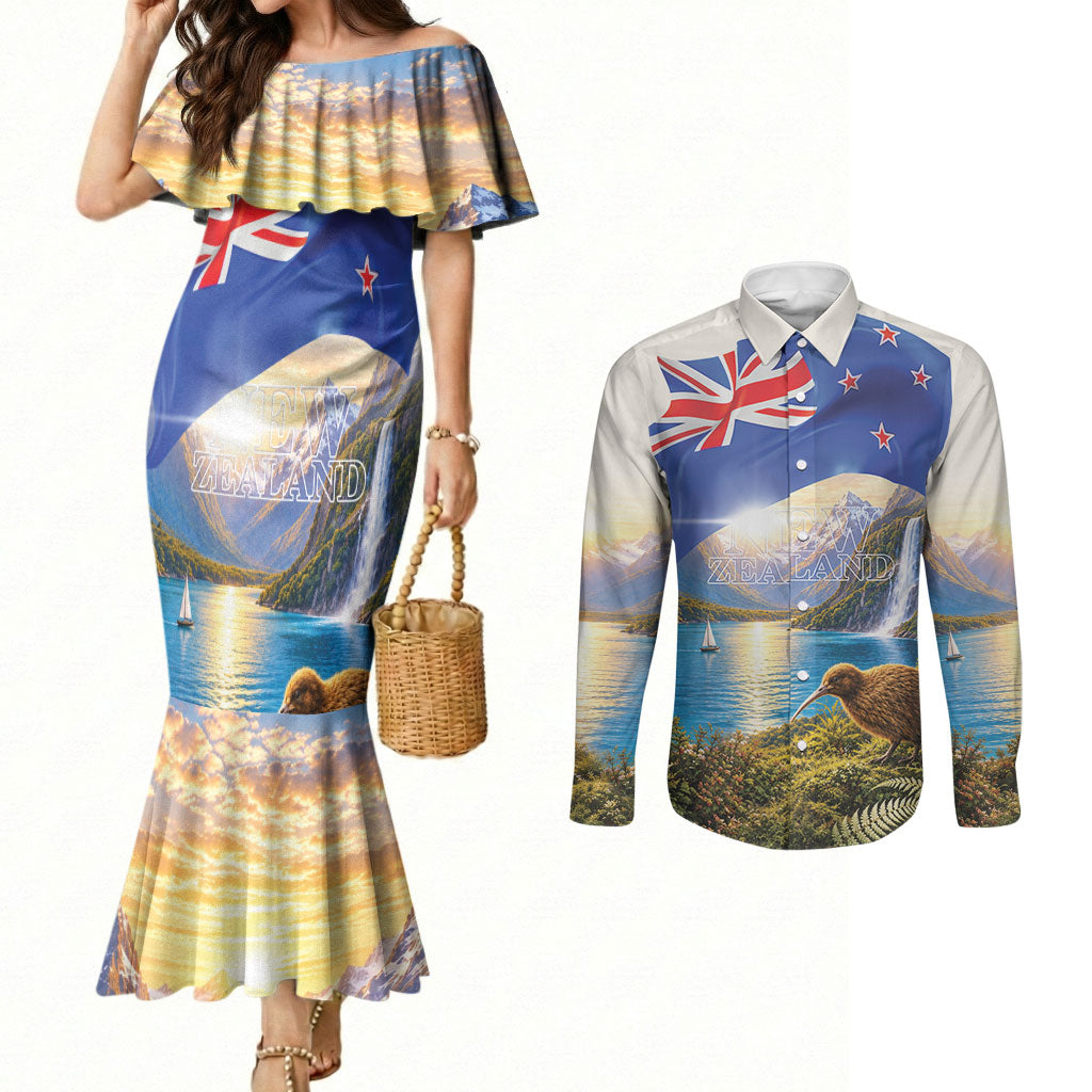 New Zealand Flag Couples Matching Mermaid Dress and Long Sleeve Button Shirt Scenic Nature