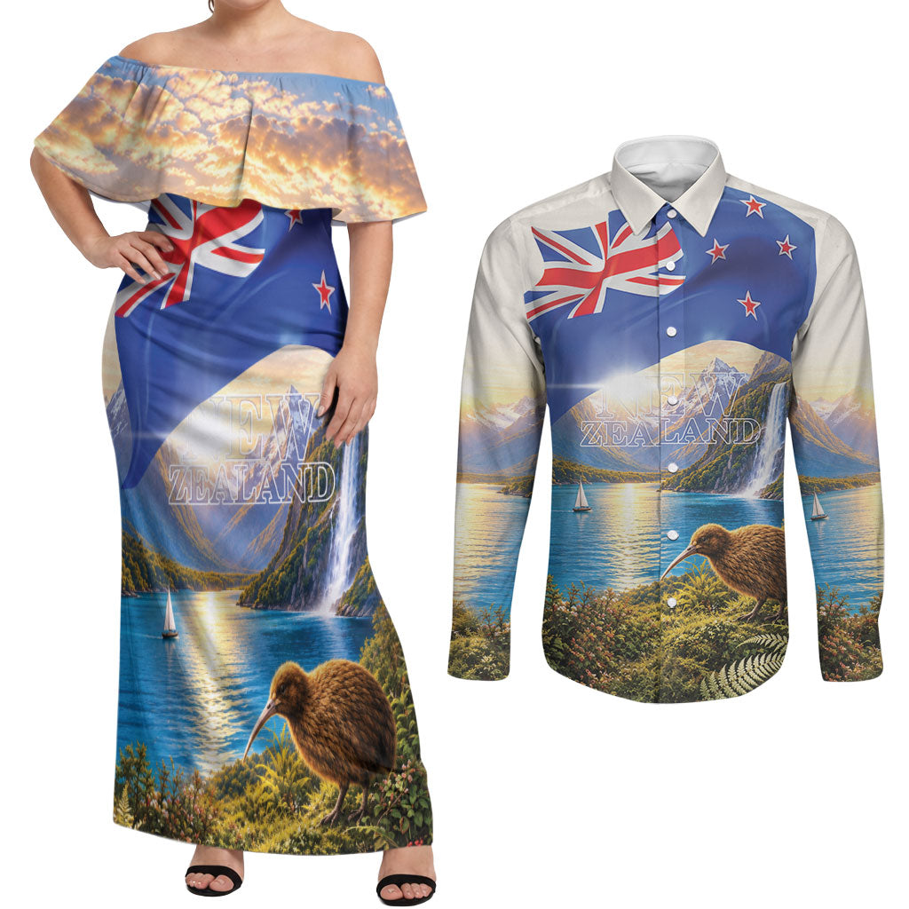 New Zealand Flag Couples Matching Off Shoulder Maxi Dress and Long Sleeve Button Shirt Scenic Nature