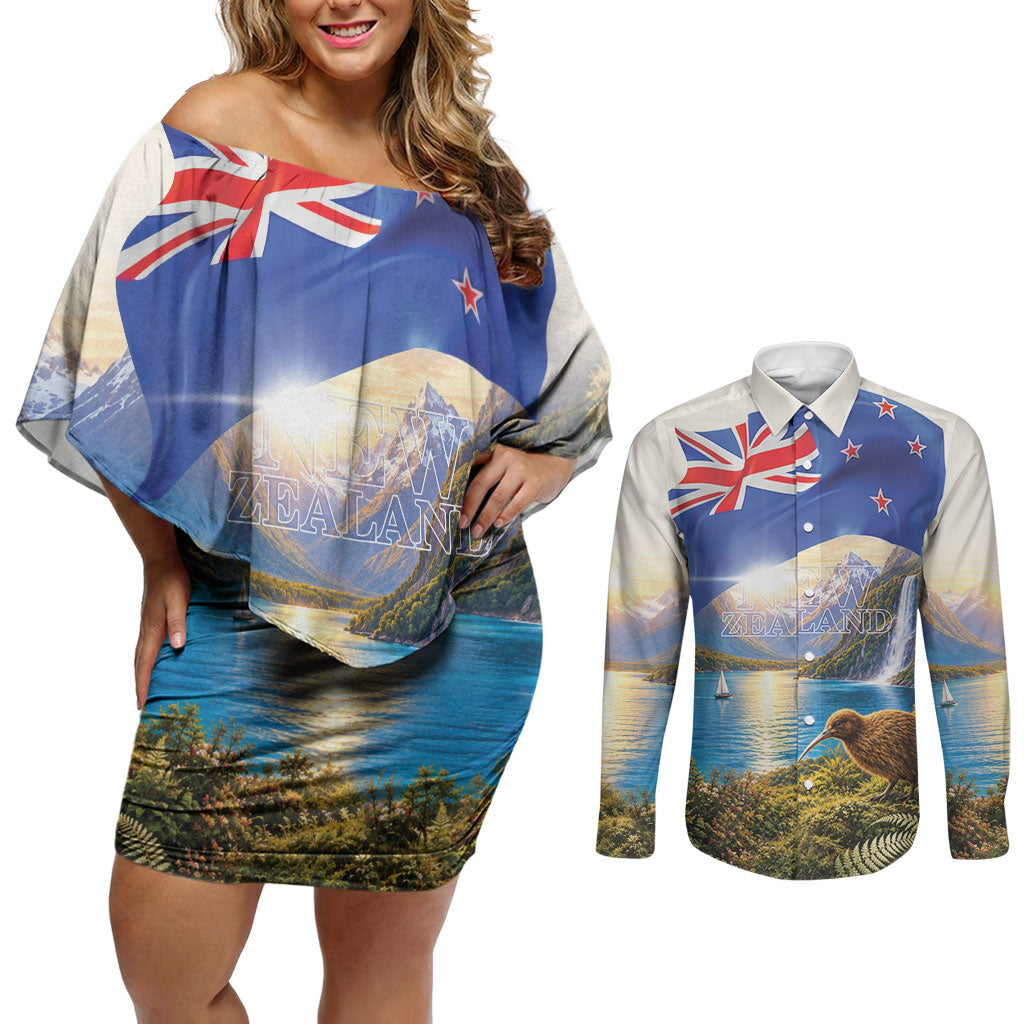 New Zealand Flag Couples Matching Off Shoulder Short Dress and Long Sleeve Button Shirt Scenic Nature