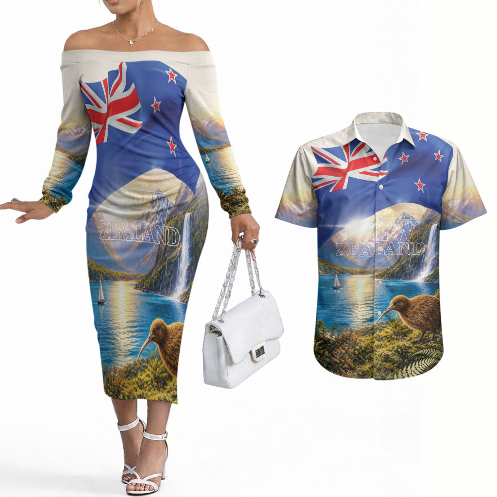 New Zealand Flag Couples Matching Off The Shoulder Long Sleeve Dress and Hawaiian Shirt Scenic Nature