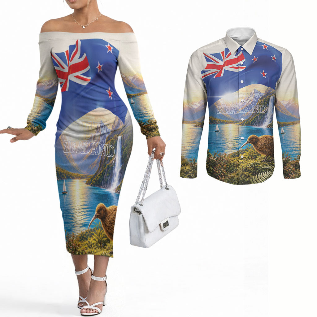 New Zealand Flag Couples Matching Off The Shoulder Long Sleeve Dress and Long Sleeve Button Shirt Scenic Nature