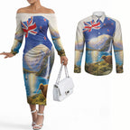 New Zealand Flag Couples Matching Off The Shoulder Long Sleeve Dress and Long Sleeve Button Shirt Scenic Nature