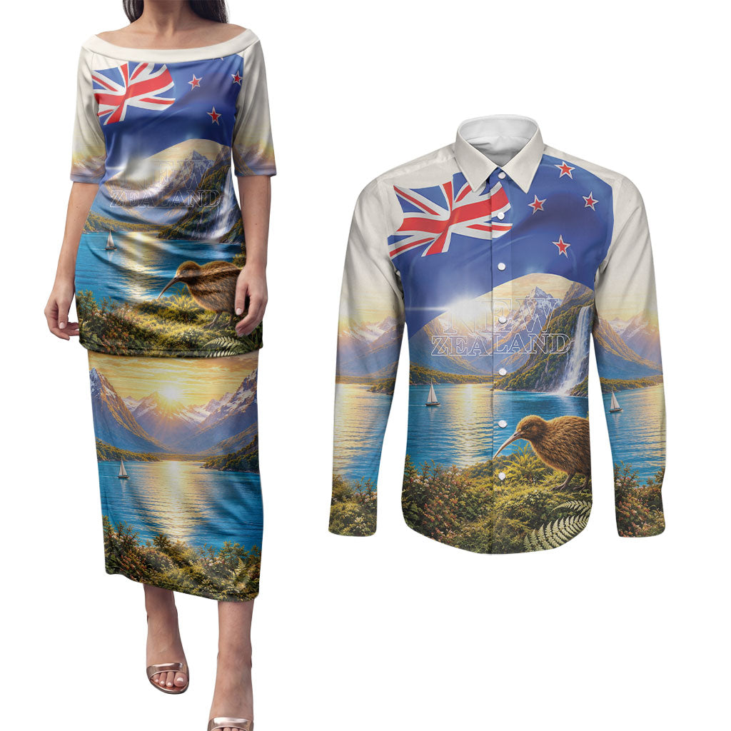 New Zealand Flag Couples Matching Puletasi and Long Sleeve Button Shirt Scenic Nature