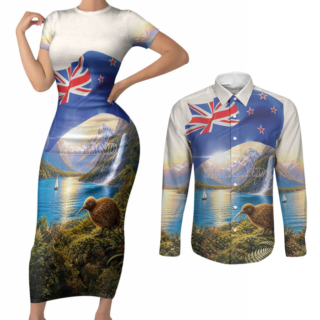 New Zealand Flag Couples Matching Short Sleeve Bodycon Dress and Long Sleeve Button Shirt Scenic Nature