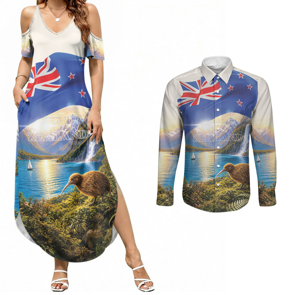 New Zealand Flag Couples Matching Summer Maxi Dress and Long Sleeve Button Shirt Scenic Nature