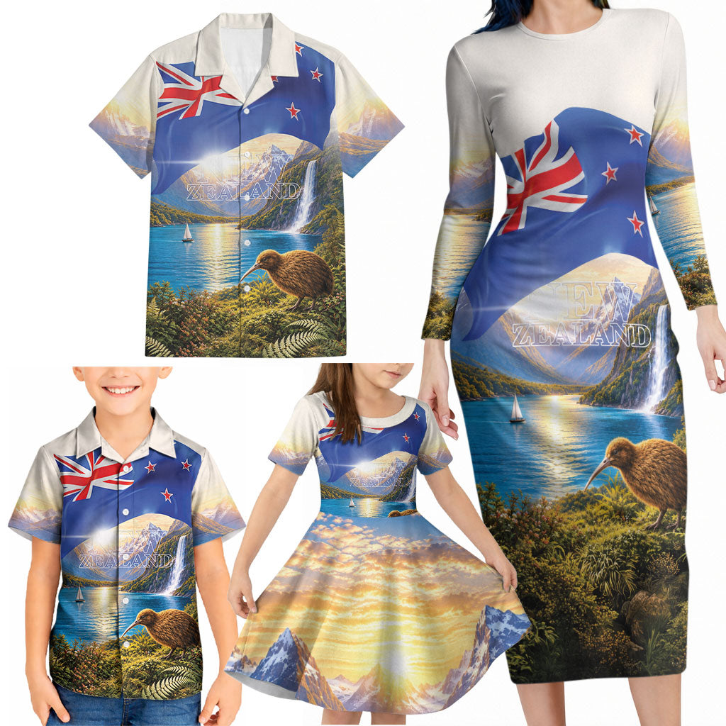 New Zealand Flag Family Matching Long Sleeve Bodycon Dress and Hawaiian Shirt Scenic Nature