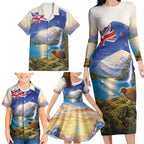 New Zealand Flag Family Matching Long Sleeve Bodycon Dress and Hawaiian Shirt Scenic Nature